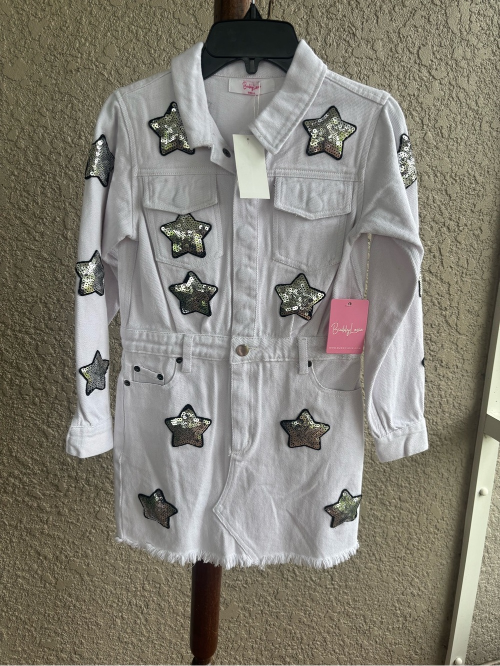 Buddy Love White Denim Jacket with silver sequin star accents